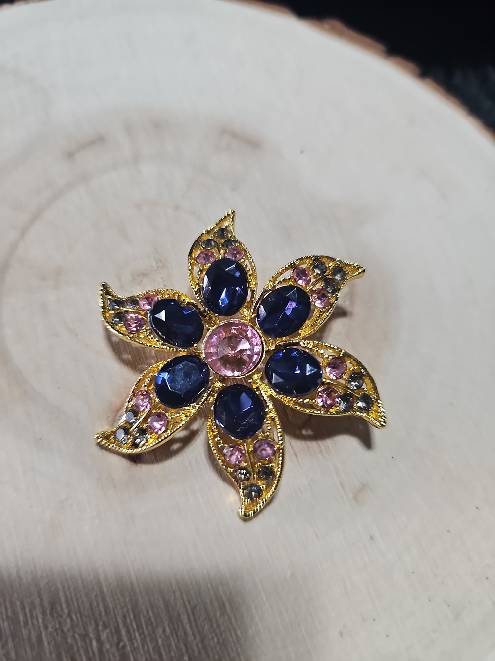 Gold-Tone Flower Brooch with Blue and Pink Crystals